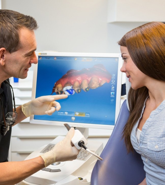 Dentist and patient looking at restorative dentistry design on computer screen